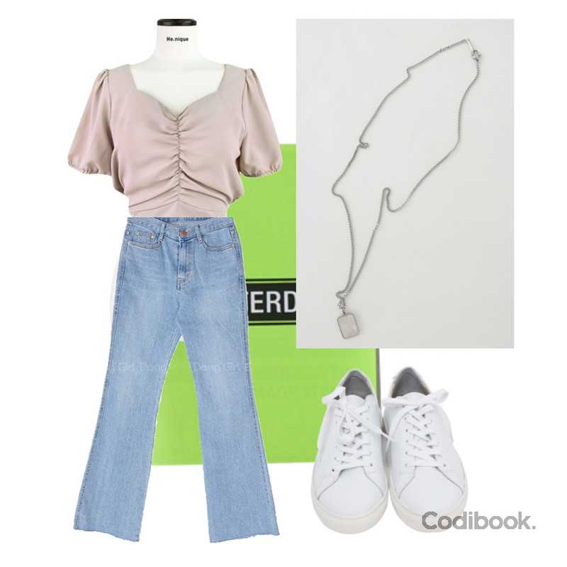 From Beginning Win real cowskin sneakers_H (size : 225,230,235,240,245,250),AFTERMONDAY pearl marble pendant necklace,henique 두근거려 퍼프 셔링 리본 크롭 블라우스 (핑크/소라/화이트)등을 매치한 코디