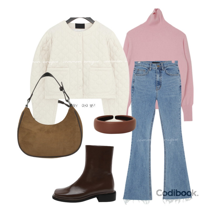 somedayif 프린 헤어밴드,common unique NAILLA CUTING BOOTS DENIM PANTS,UPTOWN HOLIC 데일리 폴라 니트 (*5color)등을 매치한 코디