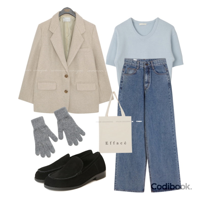 From Beginning 에파쎄 코튼에코백,From Beginning 팔레트 울베이직니트장갑 (10color),common unique HEIRI STITCH POINT SUEDE LOAFER등을 매치한 코디