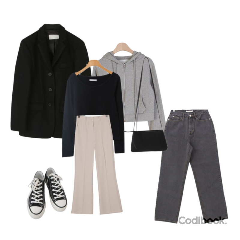 AFTERMONDAY basic casual color sneakers (10colors),From Beginning 피넛 스웨이드미니크로스백 (3color),Dang2girl 빅사이즈 26-38인치 매직 히든밴딩 부츠컷 슬랙스등을 매치한 코디