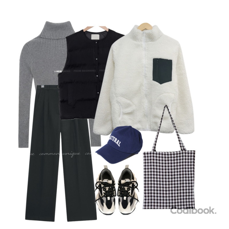 ENVYLOOK 네니드어글리슈즈,VANILLAMILK 내추럴 레터링 볼캡,binary01 체크 마인 에코백등을 매치한 코디