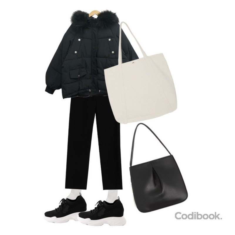 BULLANG GIRL 미니델리 양말,LOVELY SHOES 로인츠 키높이 삭스 스니커즈 8cm,common unique PONTE SQUARE TOTE BAG등을 매치한 코디