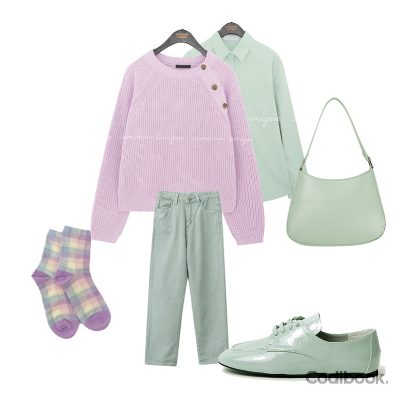 AFTERMONDAY soft check socks (3colors),ENVYLOOK 파스텔컬러링팬츠,LOVELY SHOES 버니니 레이스업 로퍼 1cm등을 매치한 코디