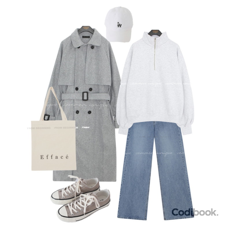 AFTERMONDAY basic casual color sneakers (10colors),From Beginning LA자수 레터링볼캡 (6color),From Beginning 에파쎄 코튼에코백등을 매치한 코디