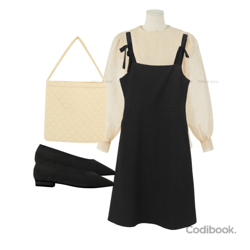 WONLOG 심플 스웨이드 플랫,WONLOG 르엘 리본 원피스,common unique KIYA QUILTING SHOULDER BAG등을 매치한 코디