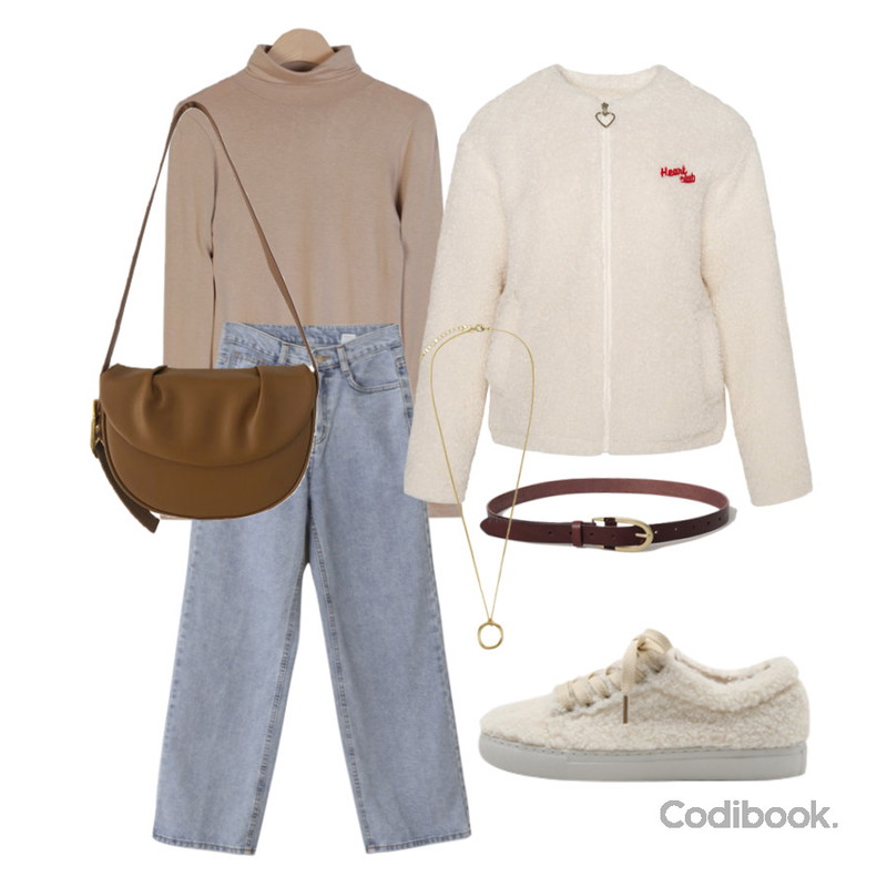 somedayif 제이미 써클 네크리스,MIXXMIX Heart Fleece Zip-up Jumper (Sky Blue),sappun 나디아 양털 스니커즈 (2cm)등을 매치한 코디