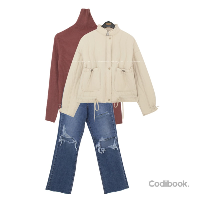 thanksmerry 롱 무파진 구제 와이드 청바지,UPTOWN HOLIC 앙고라 폴라 니트 (*9color),common unique IBEN STRING POCKET QUILTING PADDING등을 매치한 코디