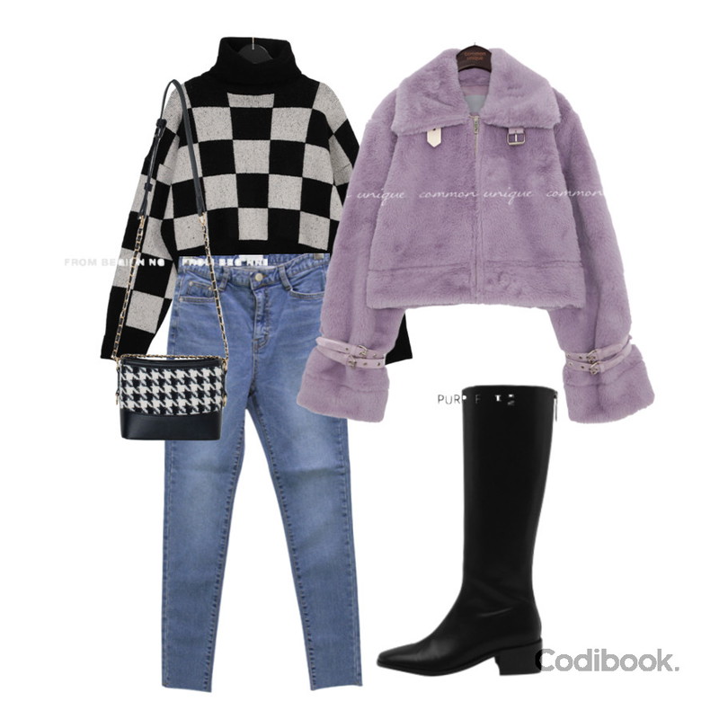 common unique BUCKLE HIGH NECK FUR MUSTANG with celebrity _ 예리(레드벨벳) 착용,From Beginning 하운드투스 레더미니숄더백 (2color),sappun 레이츠 스퀘어 롱부츠 (5cm)등을 매치한 코디