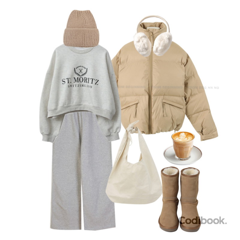 WONLOG 뮤즈 스트랩 에코백,From Beginning 데일리 소가죽어그부츠 (4color),ENVYLOOK 랜드크롭기모맨투맨등을 매치한 코디
