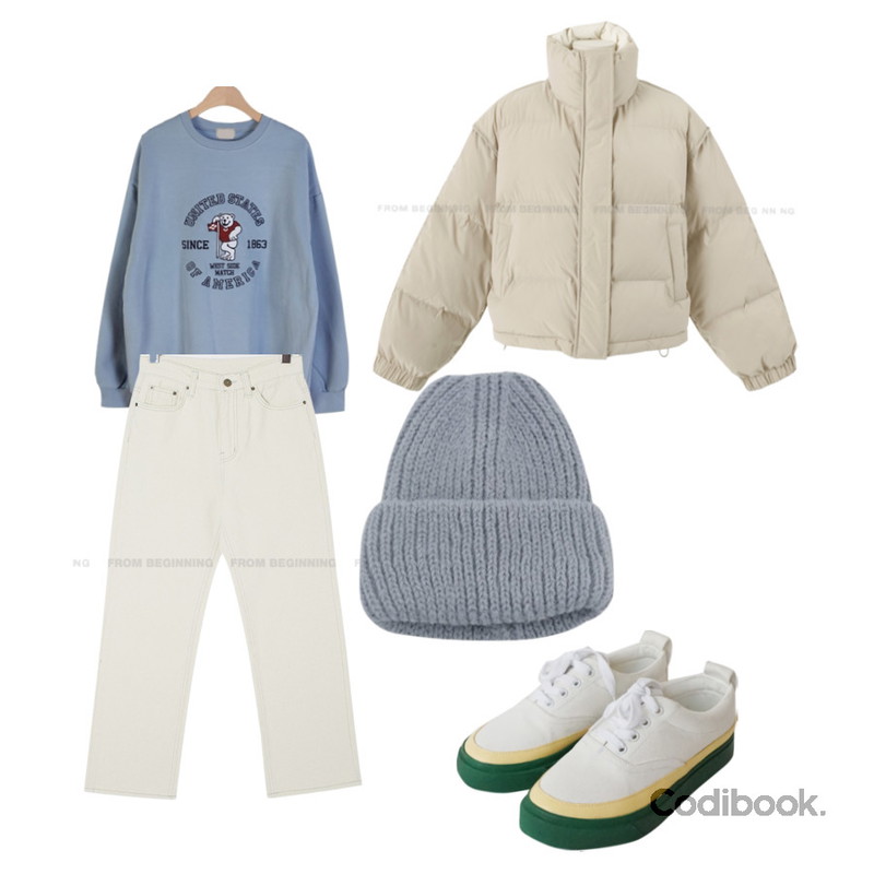 AFTERMONDAY comfortable cotton sneakers (2colors),ENVYLOOK 울캣츠비니,From Beginning 데이 일자기모팬츠 (2color)등을 매치한 코디
