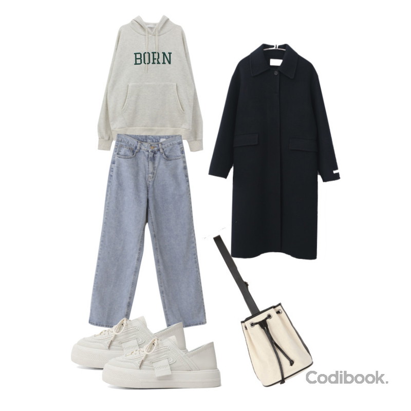 ITSHU 2way 통굽 스니커즈&블로퍼(3.4cm) 11076,UPTOWN HOLIC 캔버스복조리 bag (*2color),LILYTI 어떻게 지내 와이드 팬츠 (여유있는 일자핏 하이웨스트 통바지 청바지 연청/)등을 매치한 코디