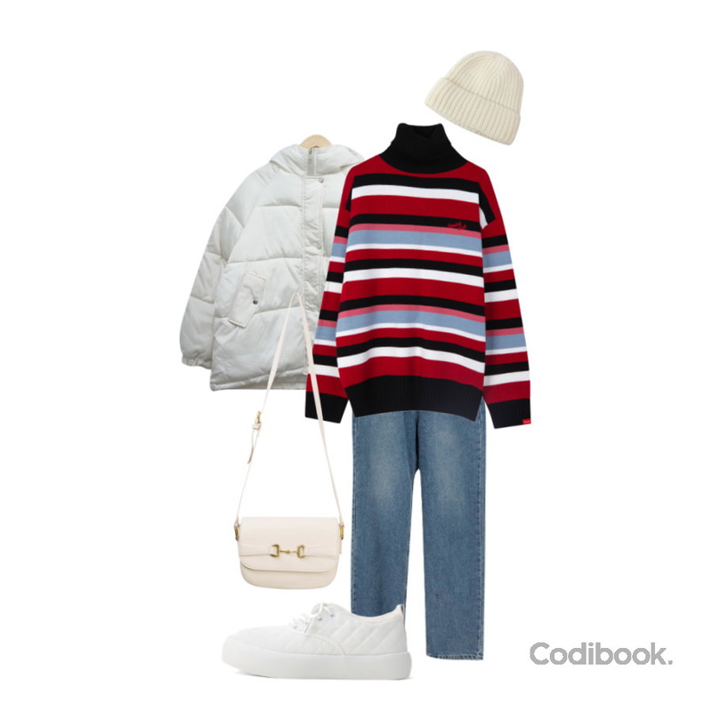 MIXXMIX Heart High Neck Stripe Knit (Sky Blue),somedayif 로아 클래식 버클 숄더 백,WONLOG 스마일 숏 비니등을 매치한 코디