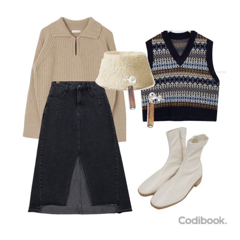 AFTERMONDAY pearl block stick earring,From Beginning Blonde flat ankle boots_C (size : 230,235,240,245,250),binary01 트임 카라 데님롱스커트등을 매치한 코디