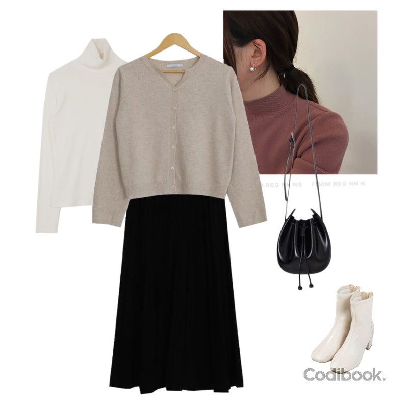 lavenir (silver925) link earring,AWAB 라쿤메리노울가디건(라쿤30%,메리노울30%/8color),From Beginning 유니크 라운드럭키숄더백 (3color)등을 매치한 코디