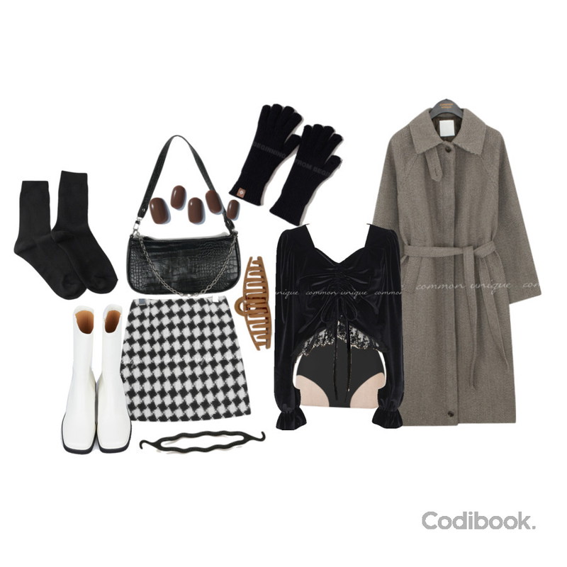 WONLOG 유니크 집게 핀,AFTERMONDAY ribbed long ankle socks (10colors),ENVYLOOK 초코렛등을 매치한 코디