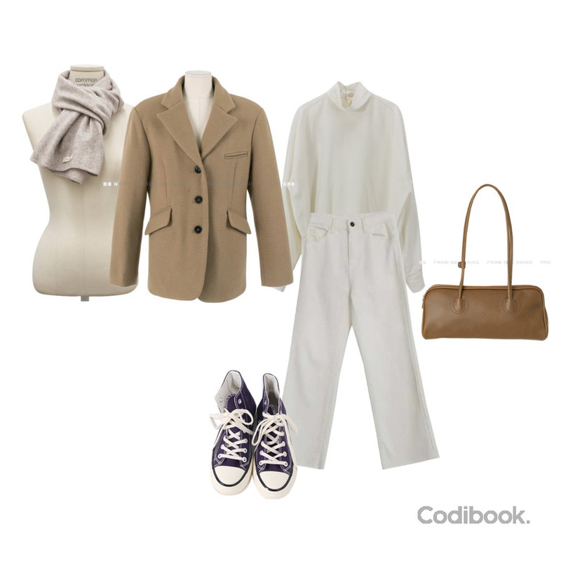 From Beginning 하이탑 컨버스스니커즈 (9color),common unique BYEN WOOL RACCOON BASIC MUFFLER,AWAB (예쁘진)양기모컷팅세미부츠컷팬츠(ver.시크릿밴딩/양기모/2color)등을 매치한 코디