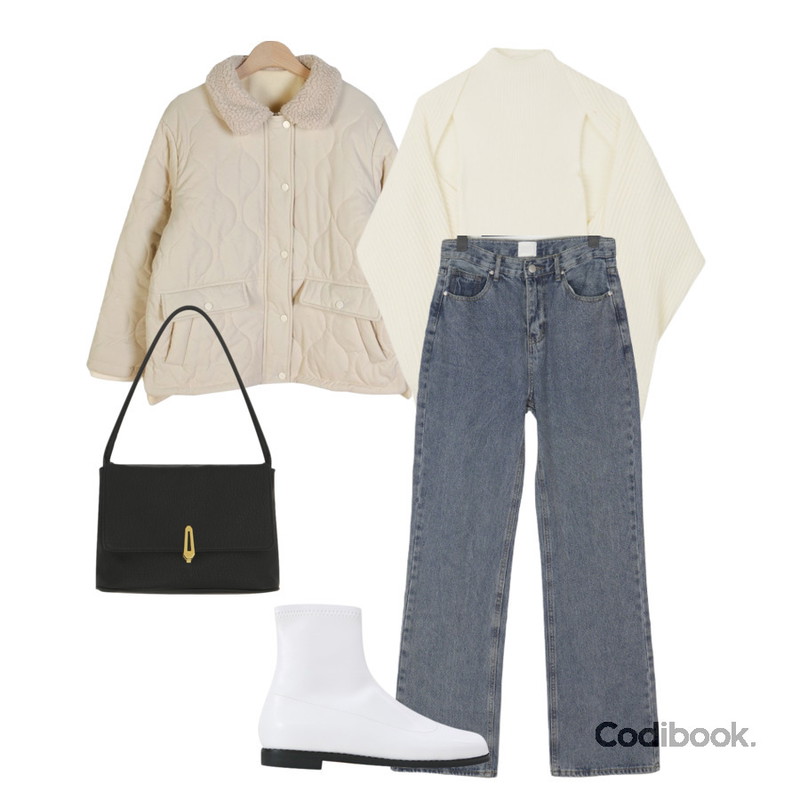 UPTOWN HOLIC 골지 니트 볼레로 (*4color),VANILLAMILK 이루리 빈티지 와이드 데님팬츠,common unique RINO GOLD BUCKLE SQUARE SHOULDER BAG등을 매치한 코디