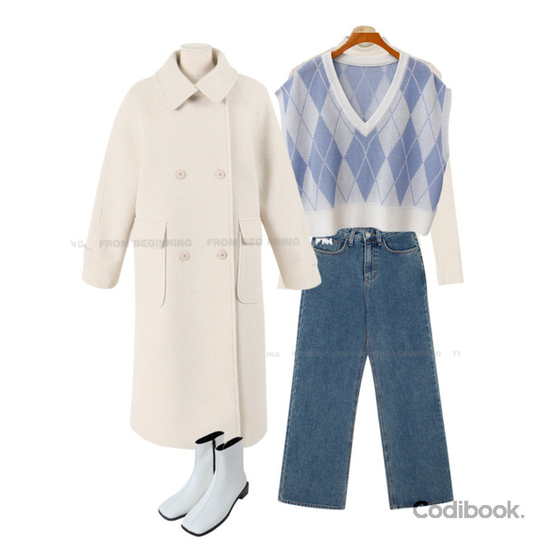 ENVYLOOK 크롭아가일니트조끼,From Beginning 빈티지 기모와이드데님팬츠 (2color),Dang2girl 카펜 소프트 텐션 골지 폴라티등을 매치한 코디