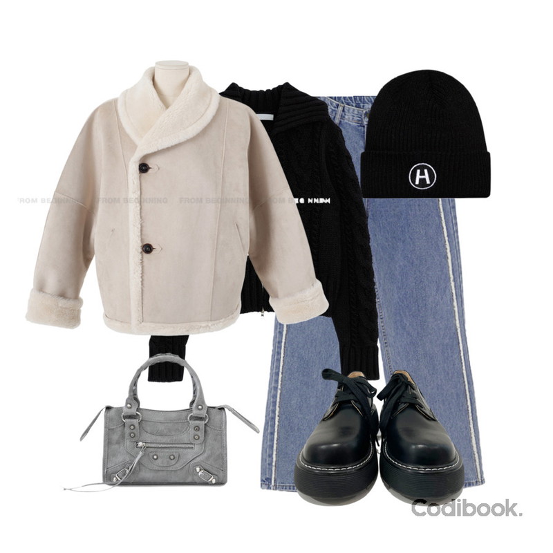 LOVELY SHOES 빌레츠 도트&크로스백,VANILLAMILK 케르 빈티지 라인 와이드 데님팬츠,MIXXMIX HIDE Logo Patch Beanie (Black)등을 매치한 코디