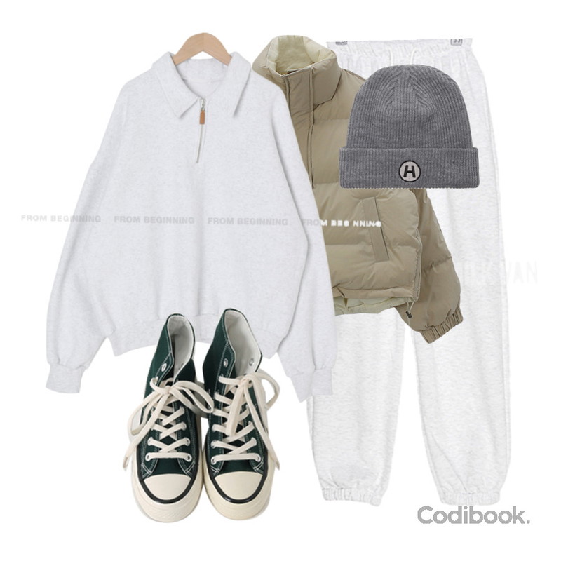 VANILLAMILK 이즈 기모 조거 팬츠,From Beginning 하이탑 컨버스스니커즈 (9color),From Beginning 하프집업 오버핏기모맨투맨 (3color)등을 매치한 코디