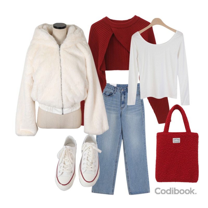 AFTERMONDAY basic casual color sneakers (10colors),LILYTI 파티룩 목화송이 후드 퍼자켓 (아담핏 누빔안감 페이크퍼 밍크 후드집업 후리스 미니 크롭 미니 긴팔 연말룩 아이보리/블랙),WONLOG 로더 볼레로 니트등을 매치한 코디
