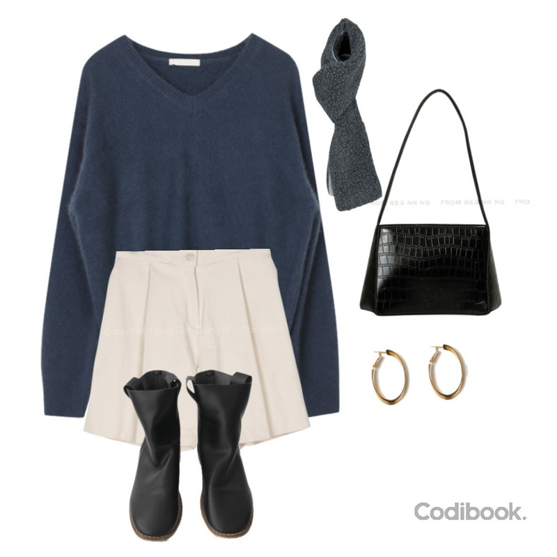 common unique GOLD ELLIPSE RING EARRING,AFTERMONDAY ethnic soft leather boots (4colors),UPTOWN HOLIC 라쿤 브이넥 니트 (*4color)등을 매치한 코디