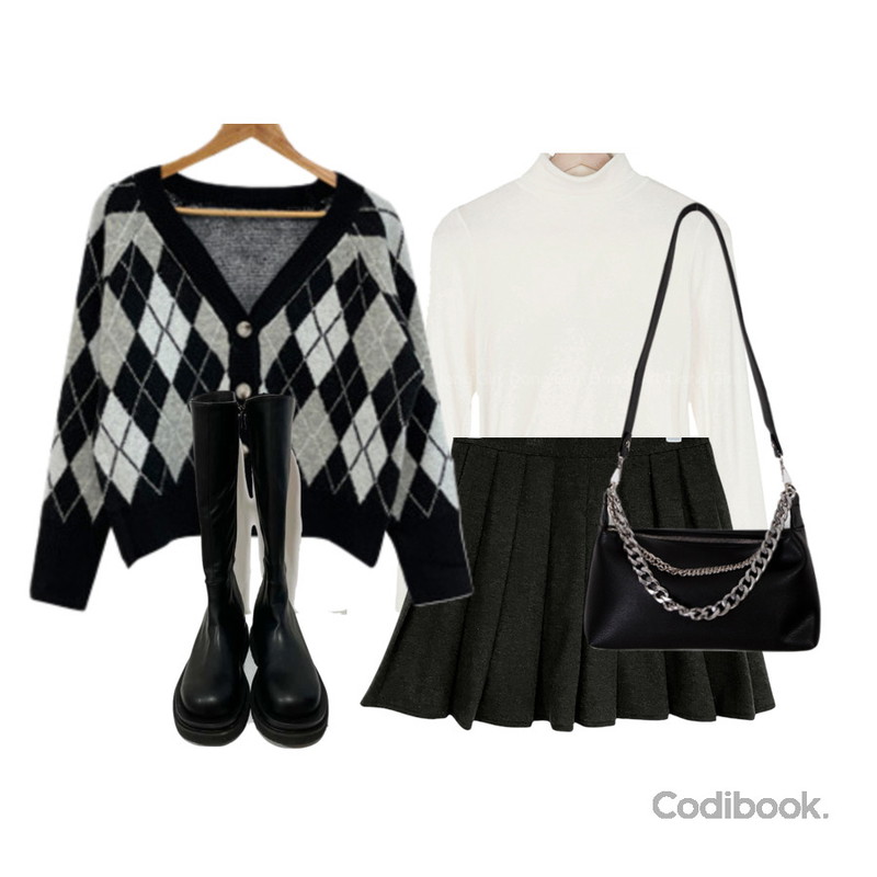 Dday Girl 클래식 아가일 니트 브이넥 가디건,closeclip 마론디 베이직 롱부츠,closeclip 애버린 모직 플리츠스커트등을 매치한 코디