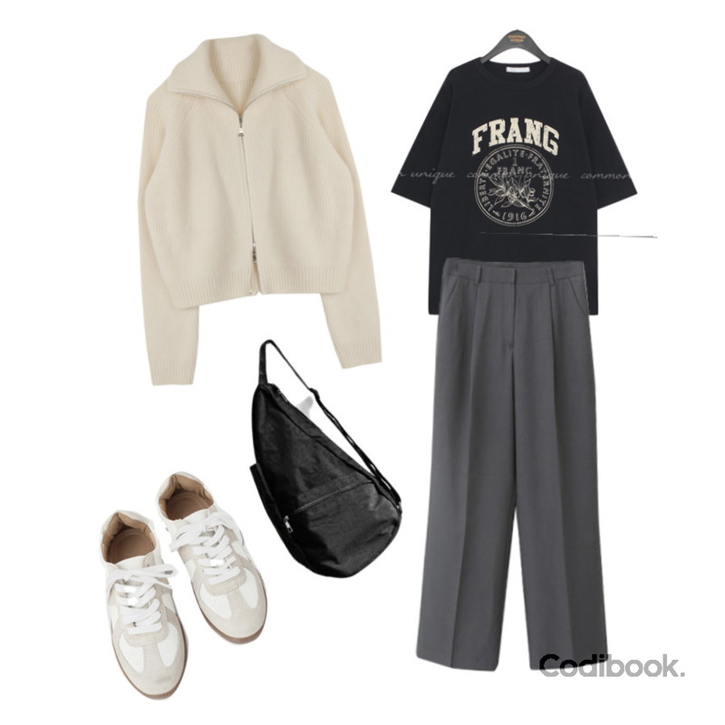 AFTERMONDAY mini racquet bag,ENVYLOOK 클래식핀턱슬랙스,AFTERMONDAY replica lace-up sneakers (2colors)등을 매치한 코디