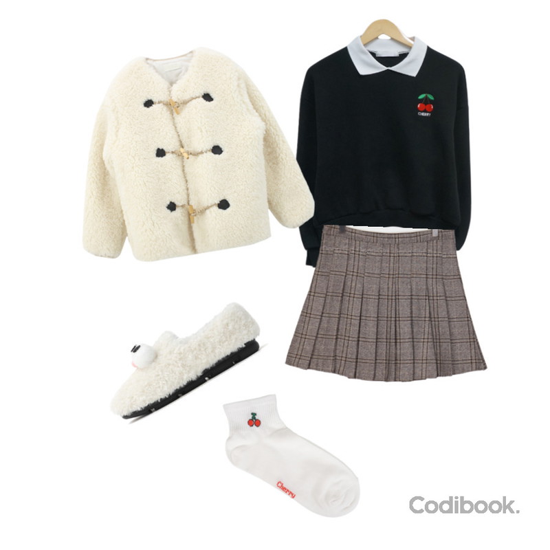 BULLANG GIRL 상큼 미니 과일 양말,ITSHU 뽀글이 퍼 왕눈이 곰돌이 겨울단화(2.0cm/기모안감) 11145&11146,WONLOG 테이크 덤블 자켓등을 매치한 코디