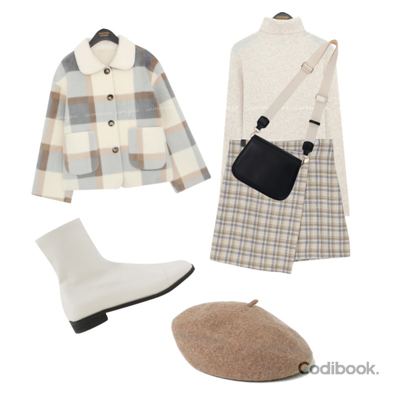 From Beginning 팔레트 울100베레모 (11color),WONLOG 유어미 앵클 부츠,common unique KAMI CHECK ROUND COLLAR FUR JACKET등을 매치한 코디