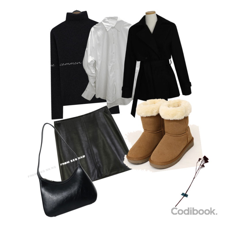 From Beginning 로그 레더미니호보백 (3color),common unique POMING WARM UGG BOOTS,AWAB 크로우하프울코트(울10%/3color)등을 매치한 코디