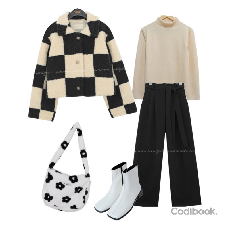 common unique NETA CHECKERBOARD DUMBLE JACKET,binary01 퍼 체커&플라워 숄더백,ENVYLOOK 스케치앵클부츠등을 매치한 코디