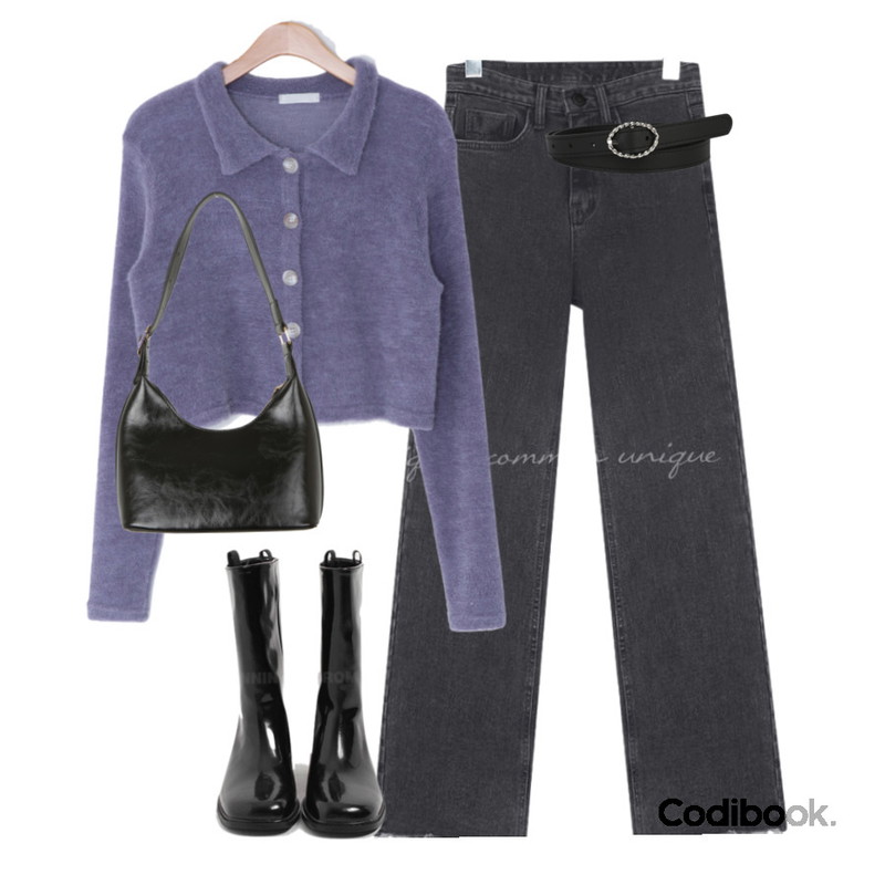 somedayif 트위스트 링 포인트 벨트,From Beginning 노트 블랙미들부츠 (2color),common unique BID NAPPING CUTING BOOTS DENIM PANTS등을 매치한 코디