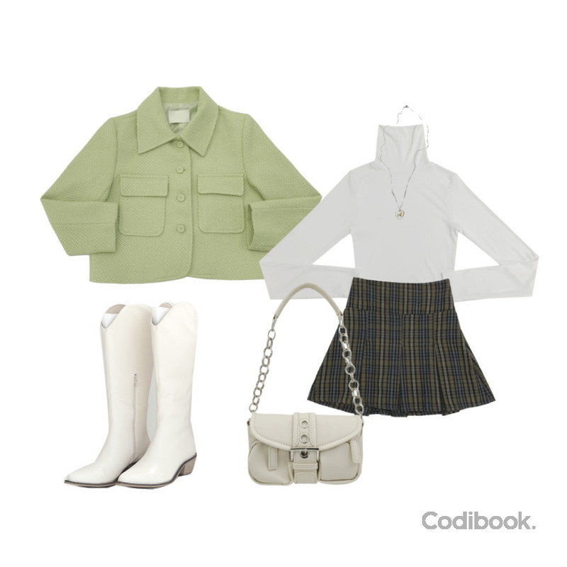 NONCODE 쿼츠 버터플라이 네크리스,NONCODE 미니멀 웨스턴 롱 부츠,NONCODE 닥터 워머 크롭 폴라티등을 매치한 코디