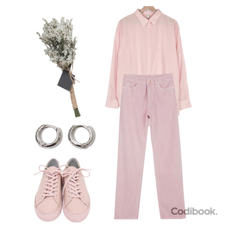 From Beginning Win real cowskin sneakers_H (size : 225,230,235,240,245,250),From Beginning Simple minimal earring_B (size : one),somedayif 슬러브 피그먼트 스트레이트 진등을 매치한 코디