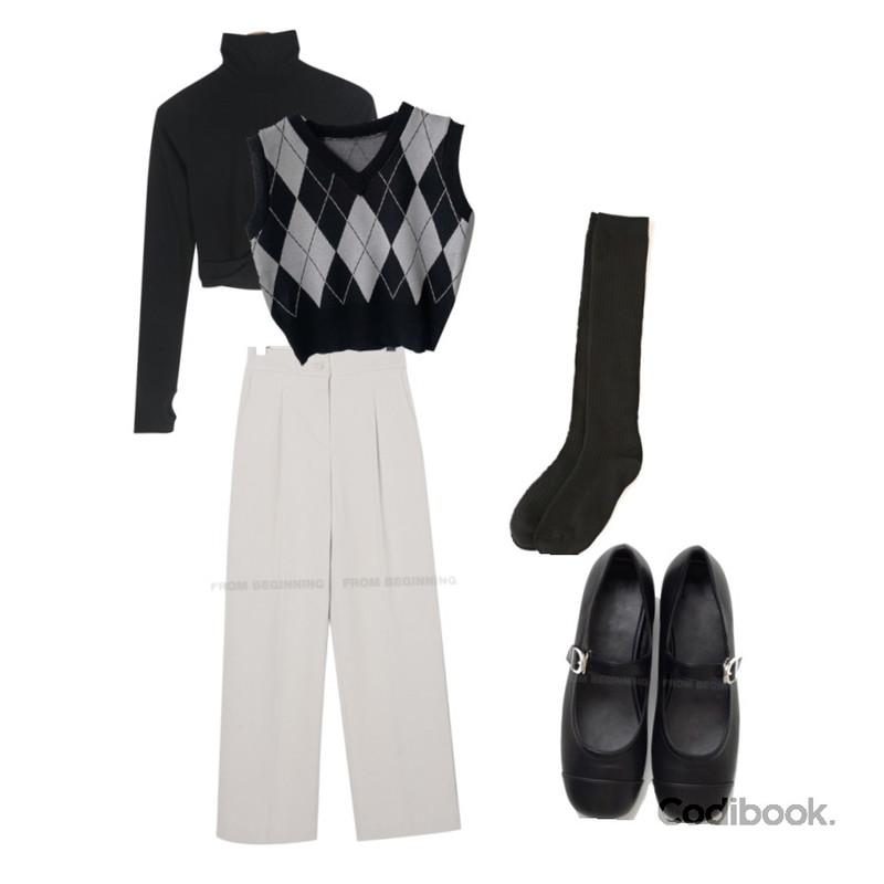 common unique BENON GOLGI KNEE HIGH SOCKS,wonderwonder 제로 아가일 브이넥 크롭 니트 조끼 베스트,From Beginning 벨트 배색메리제인플랫슈즈 (3color)등을 매치한 코디