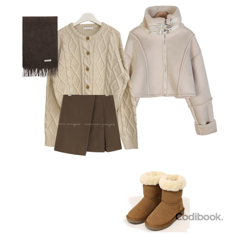 dangosister 기획 크롭퍼무스탕JP(2c) 하이넥버클:D,common unique RIANKA WOOL A LINE WRAP MINI SKIRT,common unique POMING WARM UGG BOOTS등을 매치한 코디