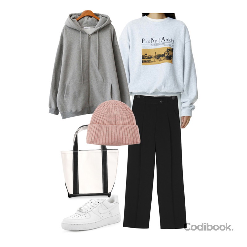 ENVYLOOK 포그니양기모후드집업,WONLOG 스마일 숏 비니,VANILLAMILK 페브린 핀턱 와이드 슬랙스등을 매치한 코디
