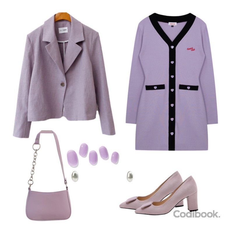 ENVYLOOK 라일락,MIXXMIX Heart Button Coloration Dress (Light Purple),ENVYLOOK 린넨크롭무드자켓등을 매치한 코디