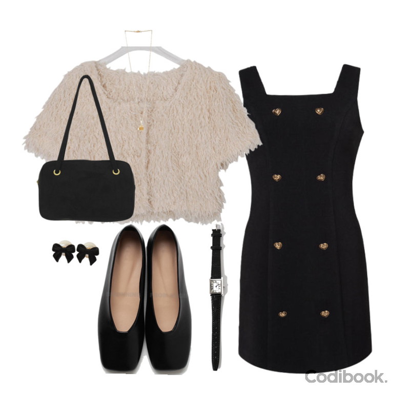 LILYTI 모먼트 - watch (베스트 데일리 모던 손목시계 ),MIXXMIX Heart Bolero Jacket (Black Check) Heart Button Sleeveless Dress (Black Check)SET,common unique MINI BAG PENDANT GOLD NECKLACE등을 매치한 코디