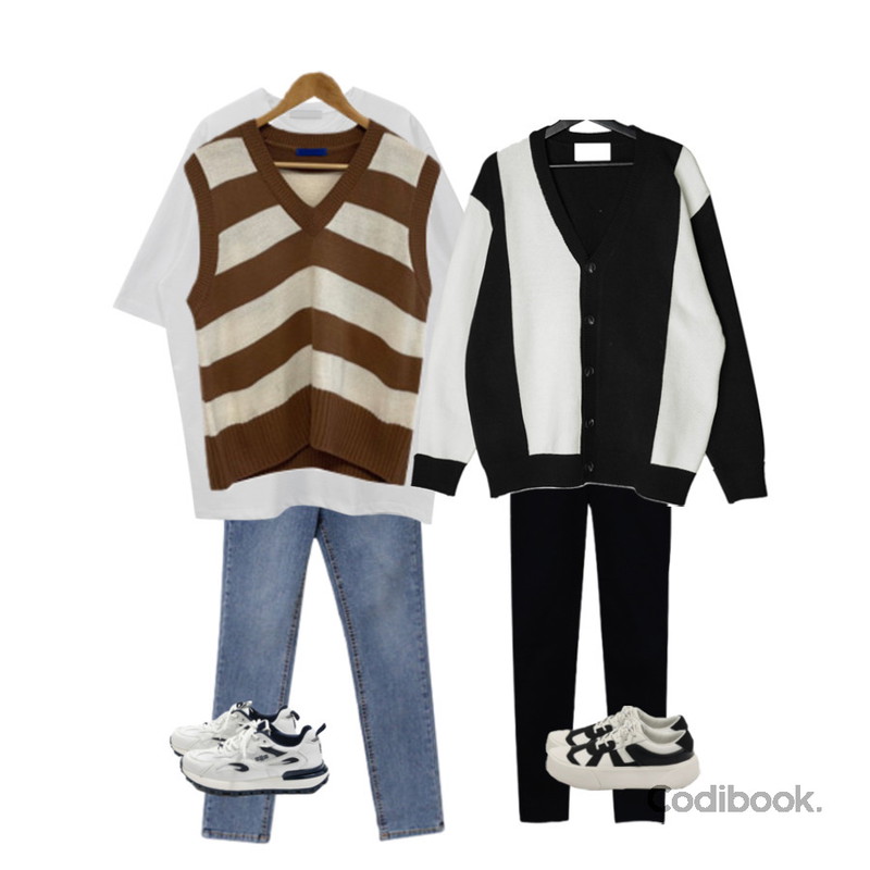 ENVYLOOK 니즈언드데님팬츠,VANILLAMILK 로스닝 브이넥 배색 니트 가디건,Dday Girl 메론 스트라이프 브이넥 니트 베스트 조끼등을 매치한 코디