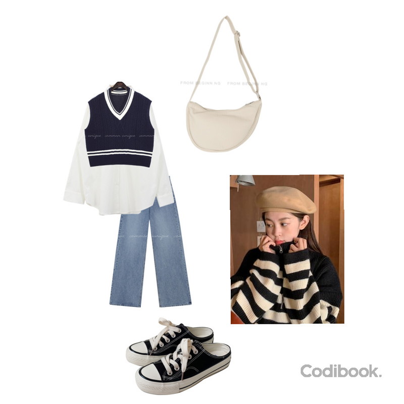 common unique TWIST COLORING V NECK KNIT VEST,AWAB 센스뮬스니커즈,From Beginning 하프문 링클레더숄더백 (2color)등을 매치한 코디