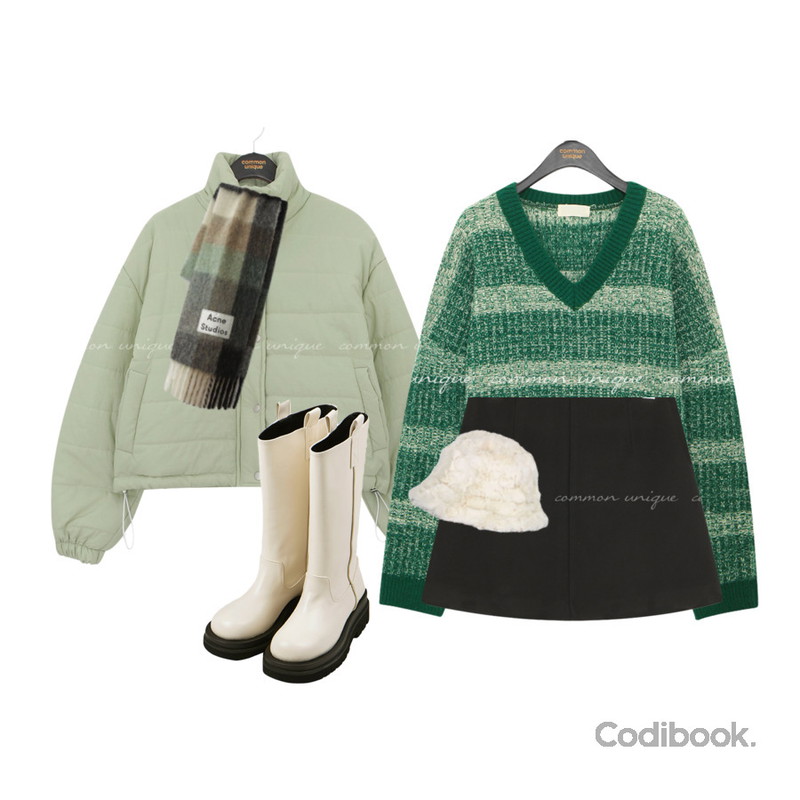 common unique PIVA BOKASHI V NECK LOOSE FIT KNIT,common unique KEDIN WOOL SET-UP A LINE MINI SKIRT,common unique HELLI STRING PADDING JUMPER등을 매치한 코디