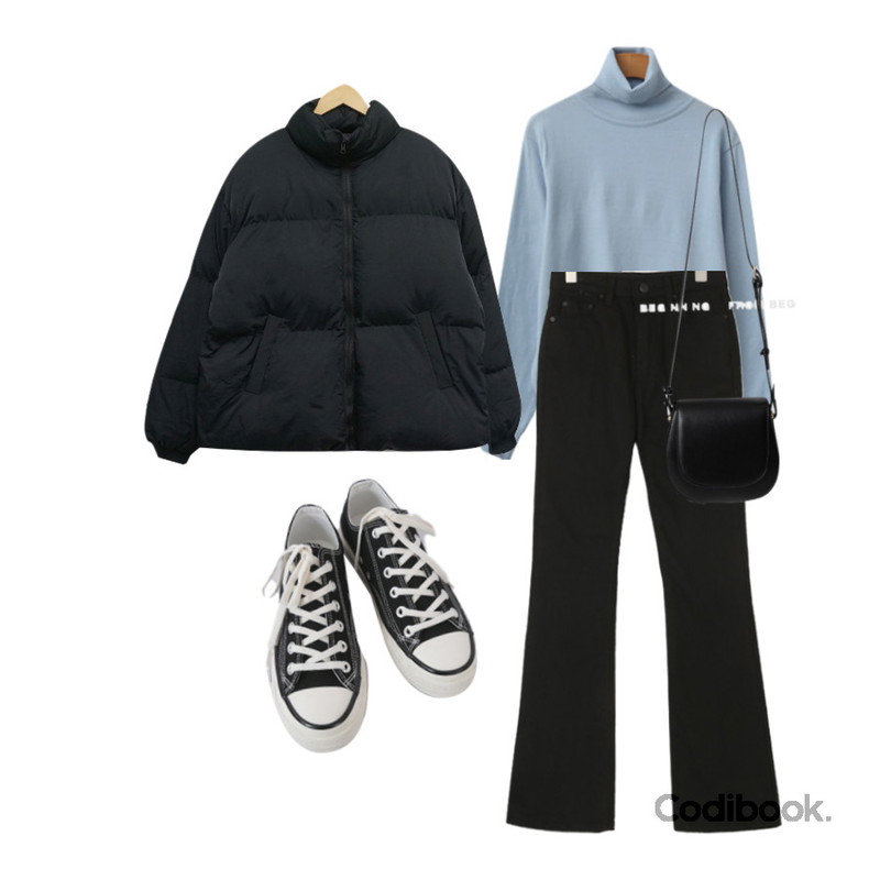 AFTERMONDAY basic casual color sneakers (10colors),ENVYLOOK 버블폴라베이직니트,BULLANG GIRL 빵빵이 웰론 숏패딩등을 매치한 코디