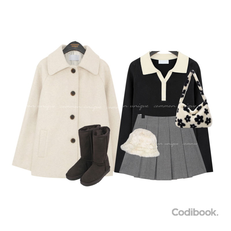 common unique LEND WOOL BOKASHI MAC COLLAR JACKET,VANILLAMILK (shoes) 딘가 롱 양털 부츠,common unique BERLI HERRINGBONE PLEATS MINI SKIRT등을 매치한 코디