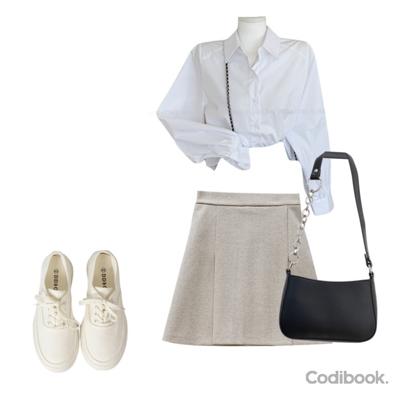 LILYTI 매일신나 스니커즈 (2cm 키높이 둥근코 운동화 단화 기본 데일리 쿠셔닝 원마일룩 아이보리/그레이/블랙),closeclip 로즈 미니 투웨이백,YURATIME 카야 플리츠 크롭 셔츠 블라우스등을 매치한 코디