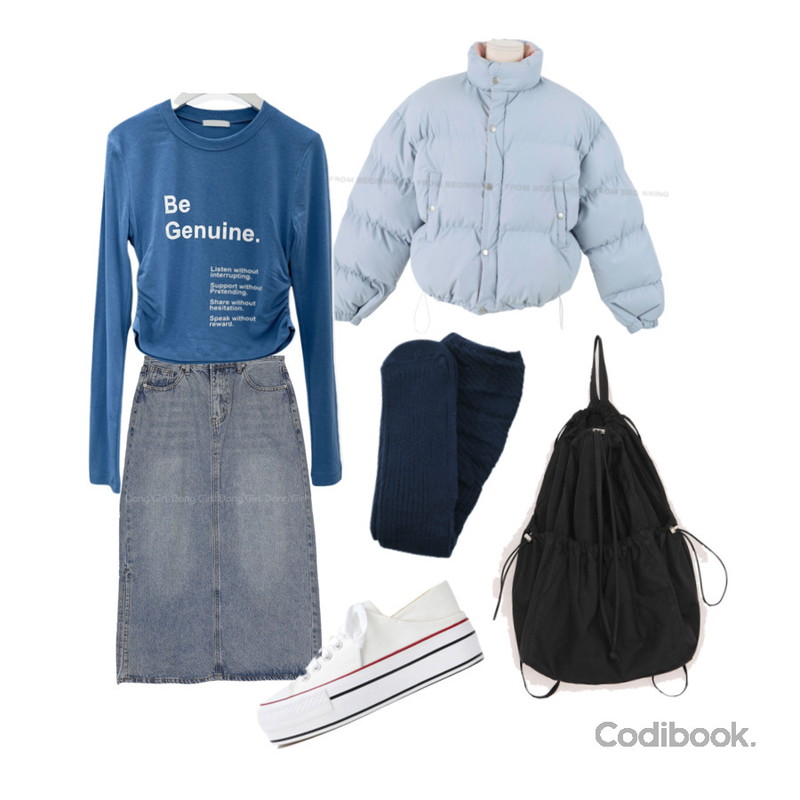common unique TIVA POCKET STRING BACKPACK,ITSHU 2way 통굽 스니커즈뮬 블로퍼(3.0cm) 10909,From Beginning 비커 배색하프패딩 (3color)등을 매치한 코디