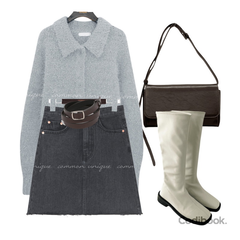 common unique PRENTO CUTTING DENIM MINI SKIRT,UPTOWN HOLIC 포올 belt (*3color),common unique KELUN WOOL FUR COLLAR KNIT CARDIGAN등을 매치한 코디