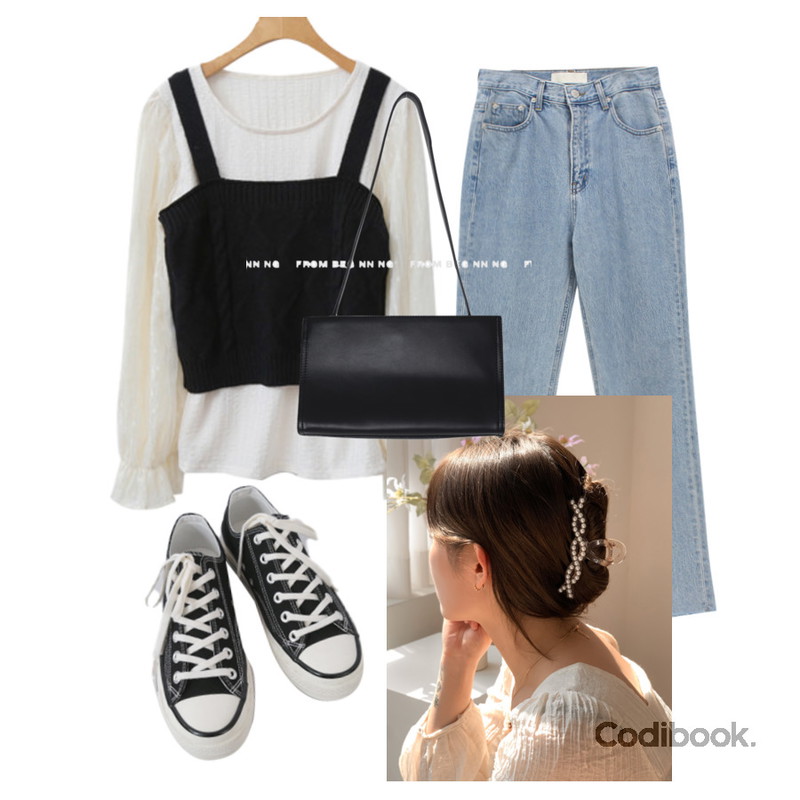 AFTERMONDAY basic casual color sneakers (10colors),viewlap 투웨이브 꼬임 헤어 집게핀,From Beginning 스퀘어보틀 레더숄더백등을 매치한 코디