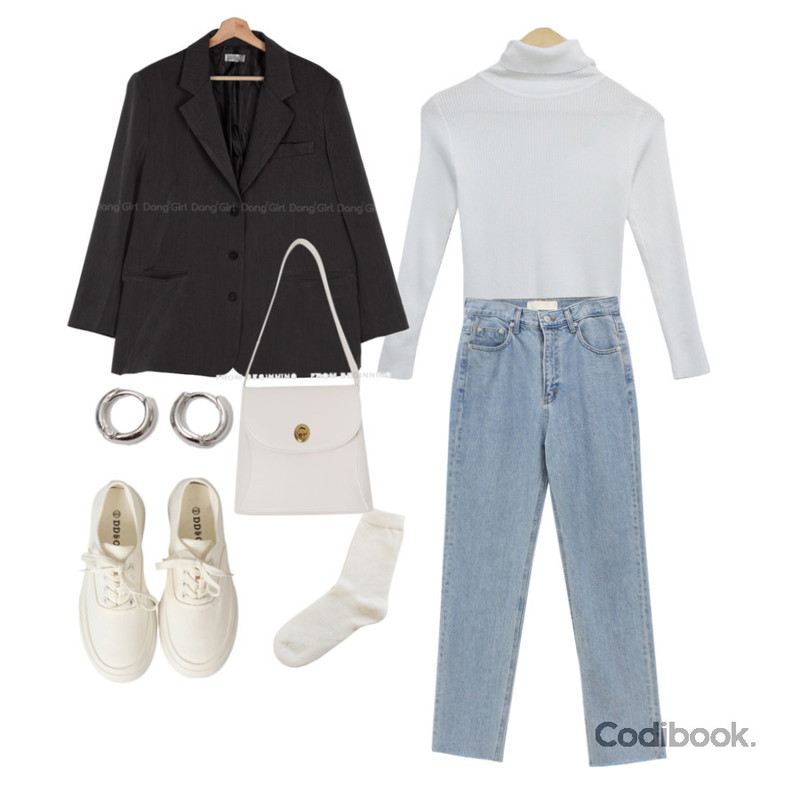 From Beginning Simple minimal earring_B (size : one),From Beginning 커브스티치 버클레더숄더백(4color),LILYTI 매일신나 스니커즈 (2cm 키높이 둥근코 운동화 단화 기본 데일리 쿠셔닝 원마일룩 아이보리/그레이/블랙)등을 매치한 코디